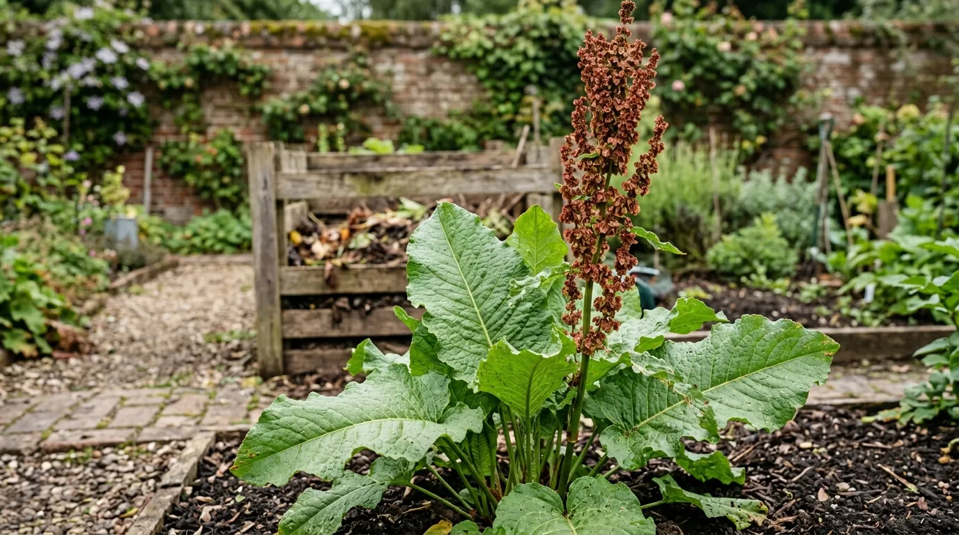 A dock plant with broad wavy leaves growing in UK garden soil