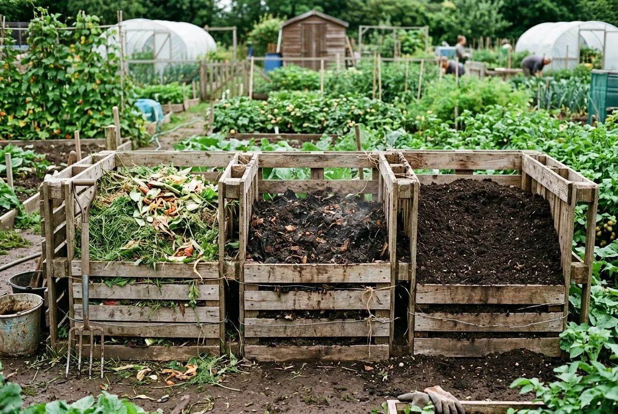 A row of three timber pallet compost bays at a UK community garden, two volunteers tipping in garden waste, leafy plots behind