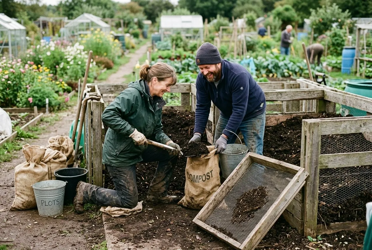 Volunteers bagging up dark crumbly finished compost from the ready bay to share among allotment plot-holders