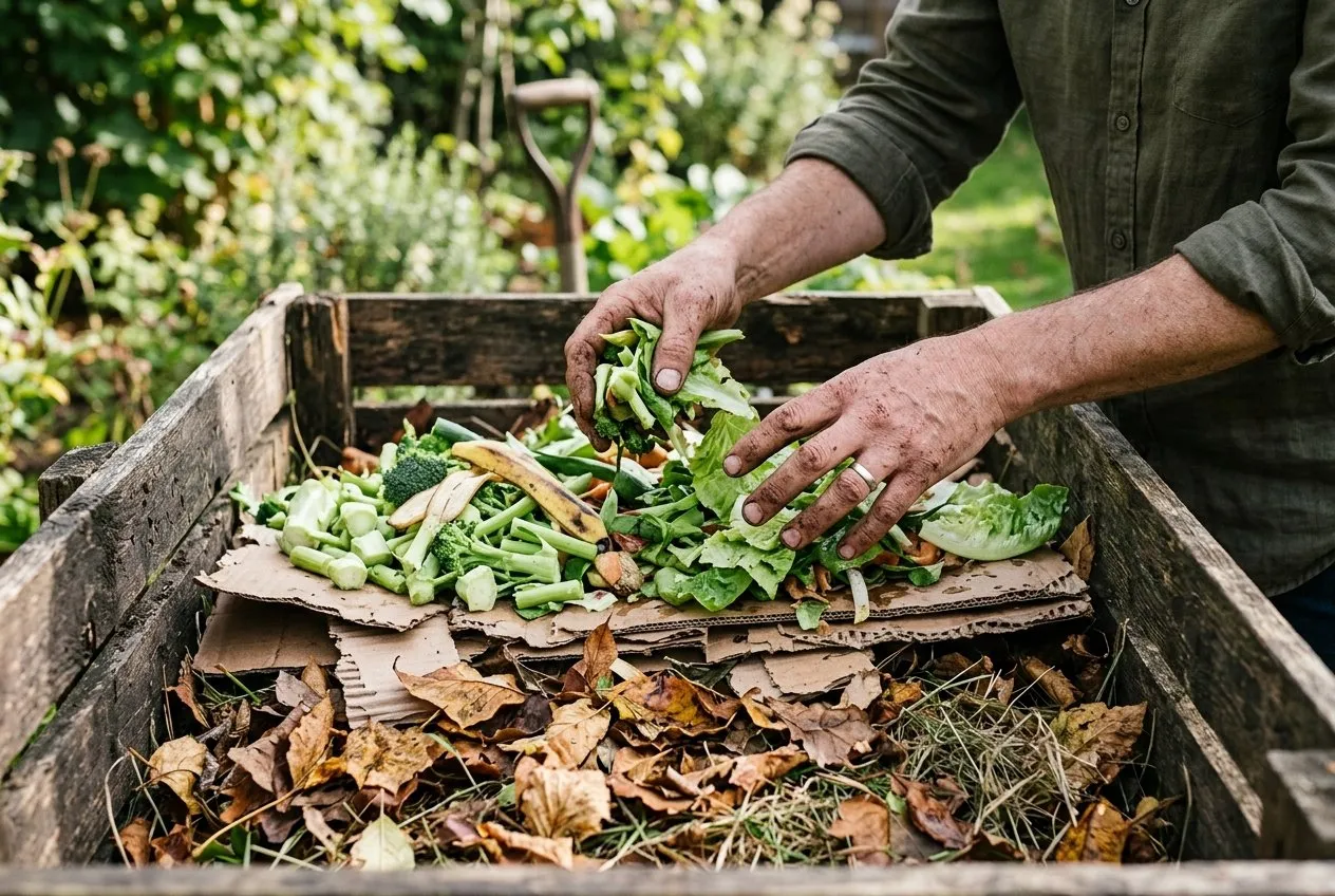 Hands layering green kitchen and garden waste with brown shredded cardboard and dry leaves in a community compost bay