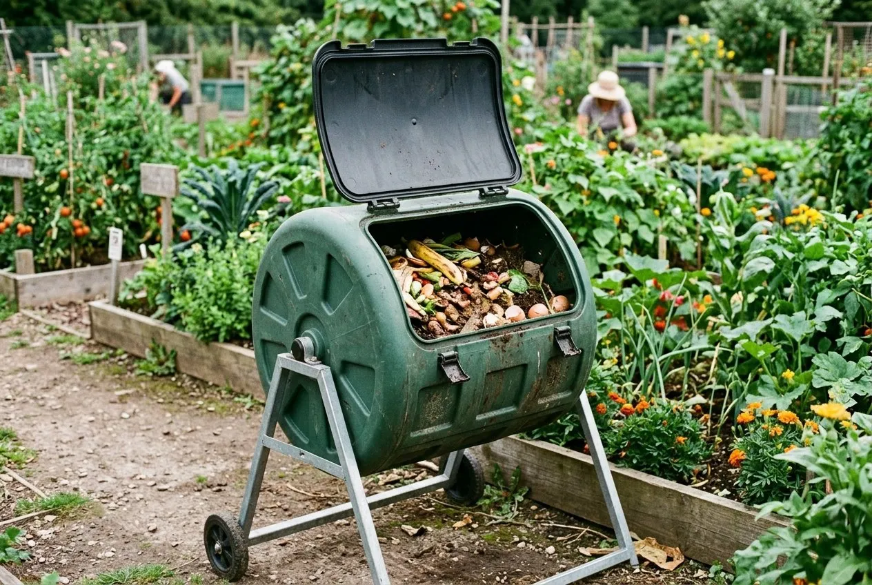 An enclosed rotating drum composter on a stand at a community garden, used to compost food waste safely away from rodents