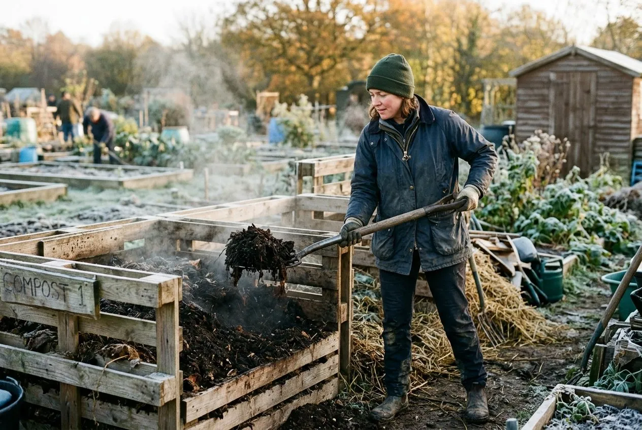 A volunteer turning a community compost heap from one pallet bay into the next with a garden fork, steam rising from the hot heap