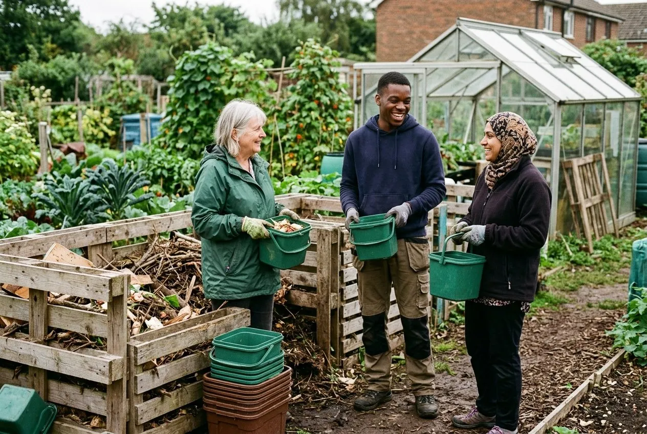 A community compost hub with a clear painted sign listing accepted materials, collection caddies and volunteers of different ages and backgrounds