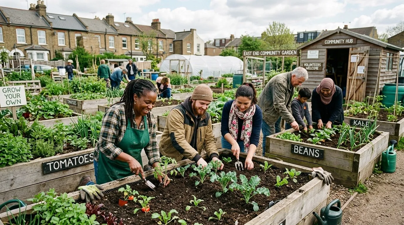 People working together in a UK community garden with raised beds