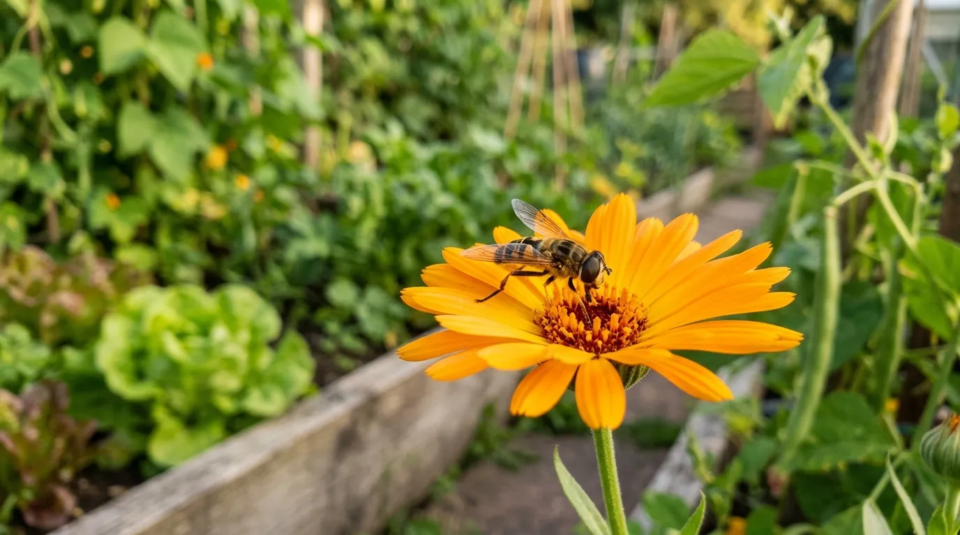 Calendula flowers with a hoverfly feeding beside a row of lettuce and beans in a UK veg border