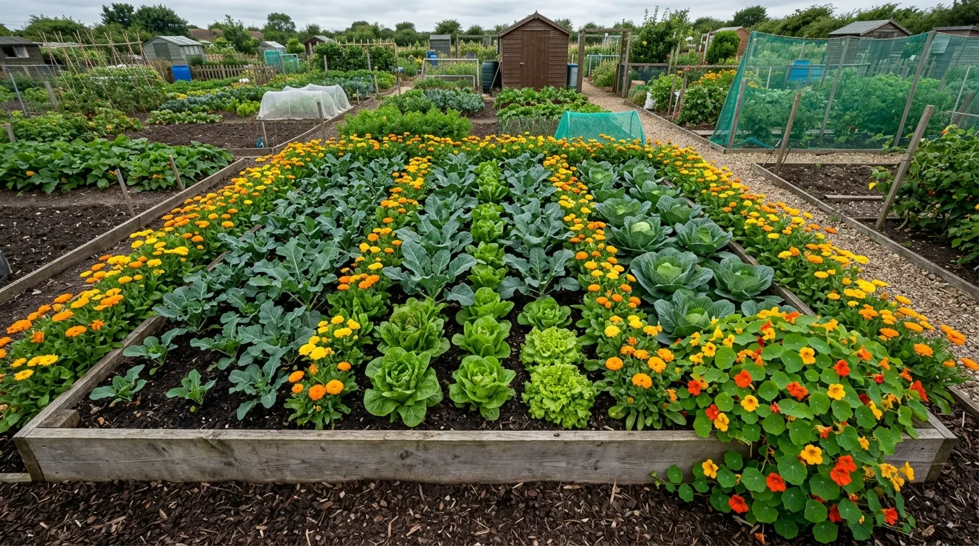 Planned companion vegetable bed overview showing flower edges and interplanting on a Lincolnshire allotment