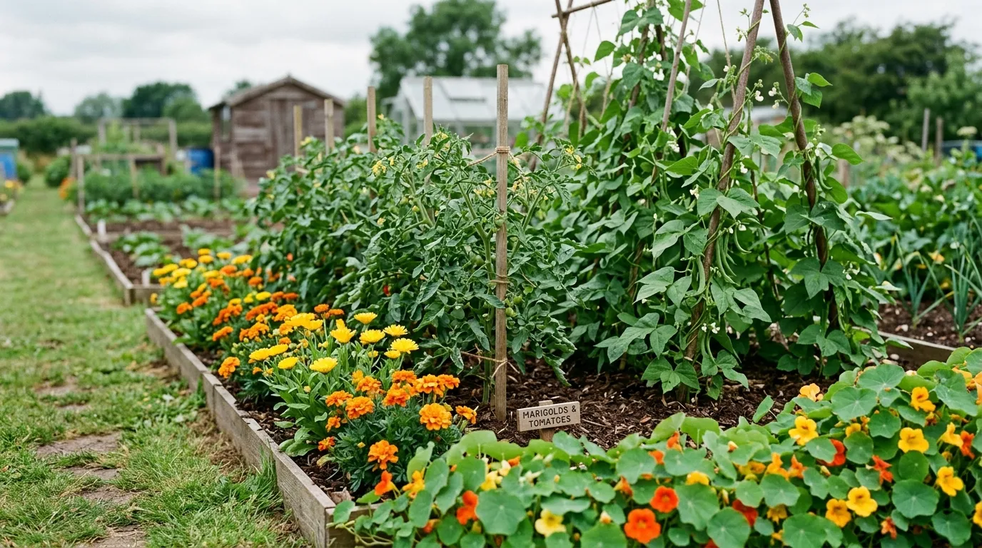 Companion flowers for vegetables: marigolds and calendula interplanted with tomatoes and beans in a Lincolnshire allotment bed