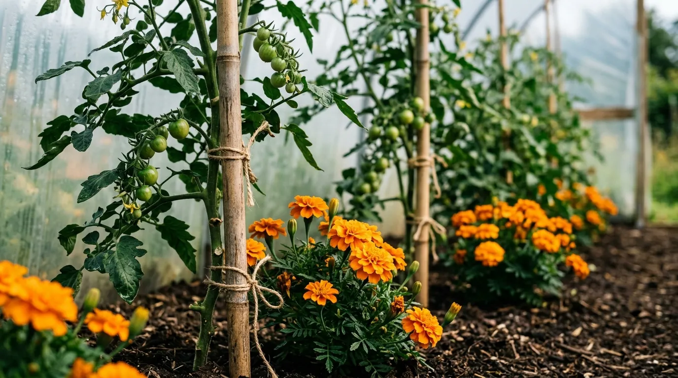 French marigolds interplanted among tomato plants in a UK polytunnel as a whitefly companion