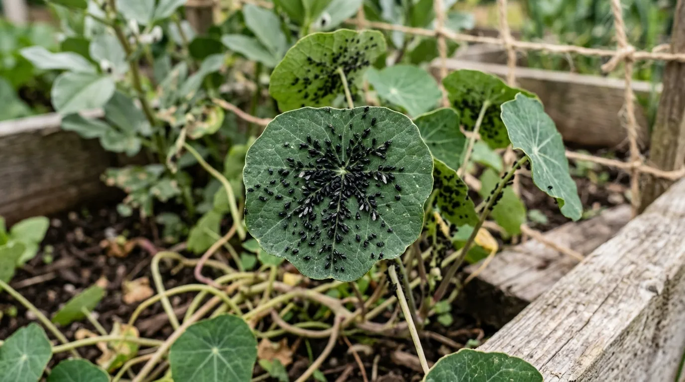 Nasturtium leaves covered in black bean aphids acting as a sacrificial trap crop beside vegetables