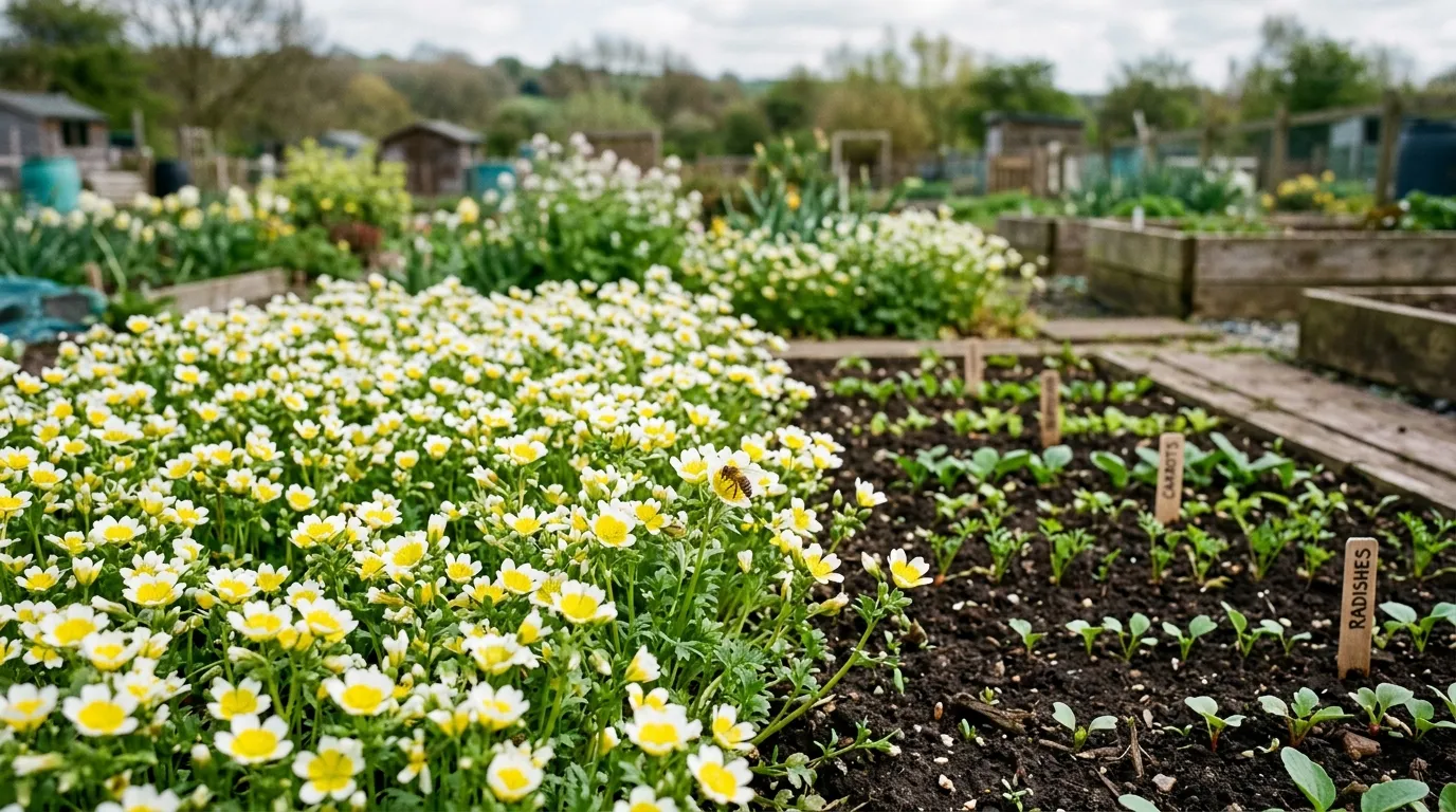Poached egg plant flowering in spring covered in bees beside emerging vegetable seedlings