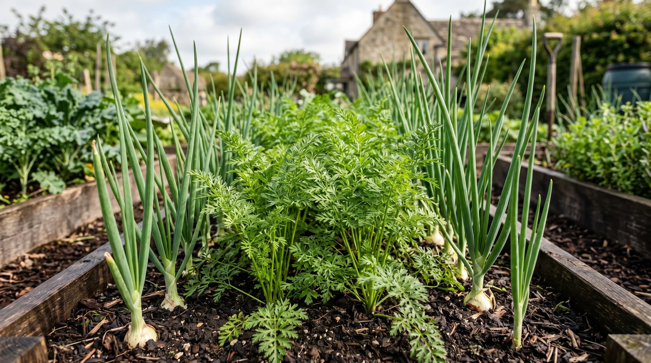 Raised bed with carrots and onions intercropped showing healthy growth