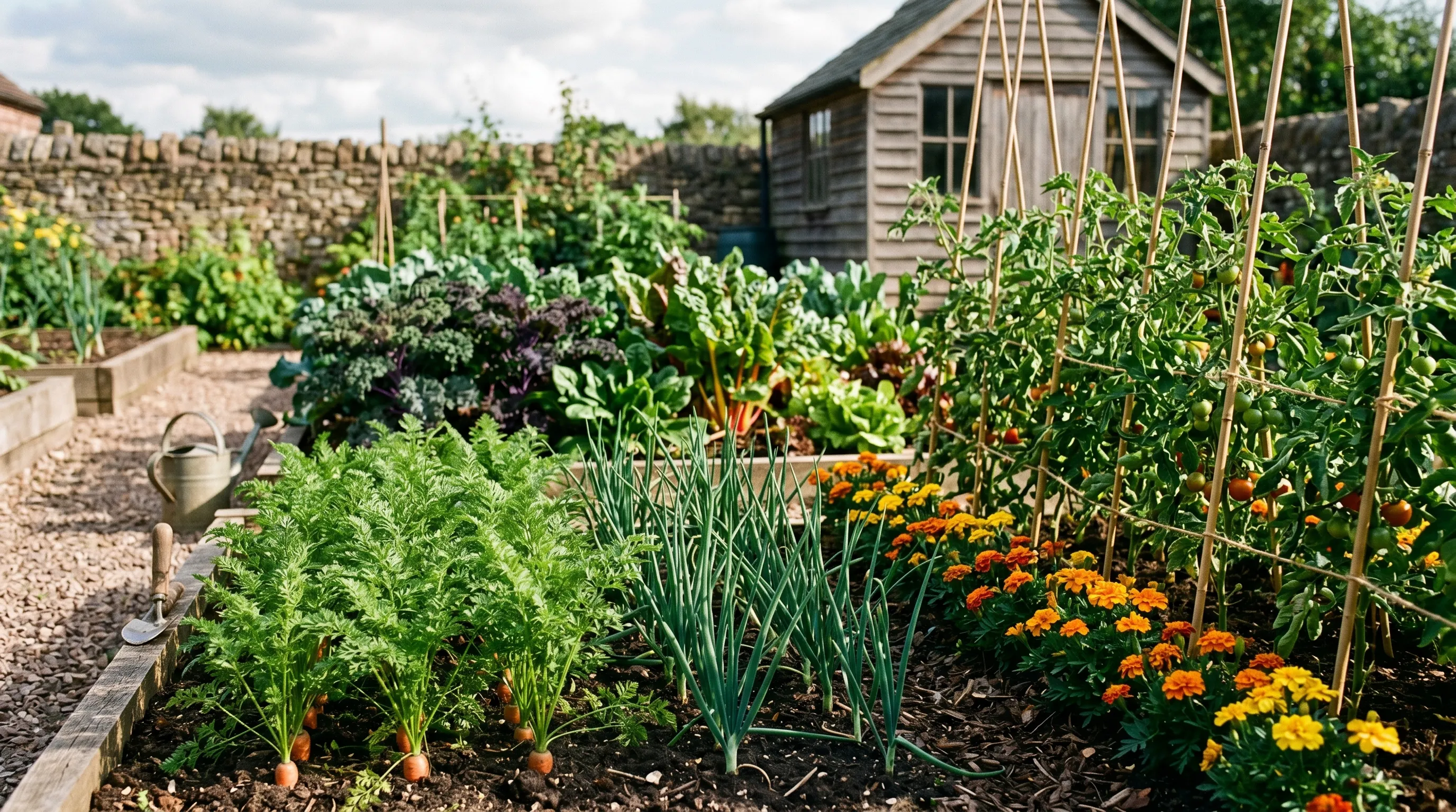 Mixed UK vegetable bed with carrots onions and marigolds growing together in summer sunshine