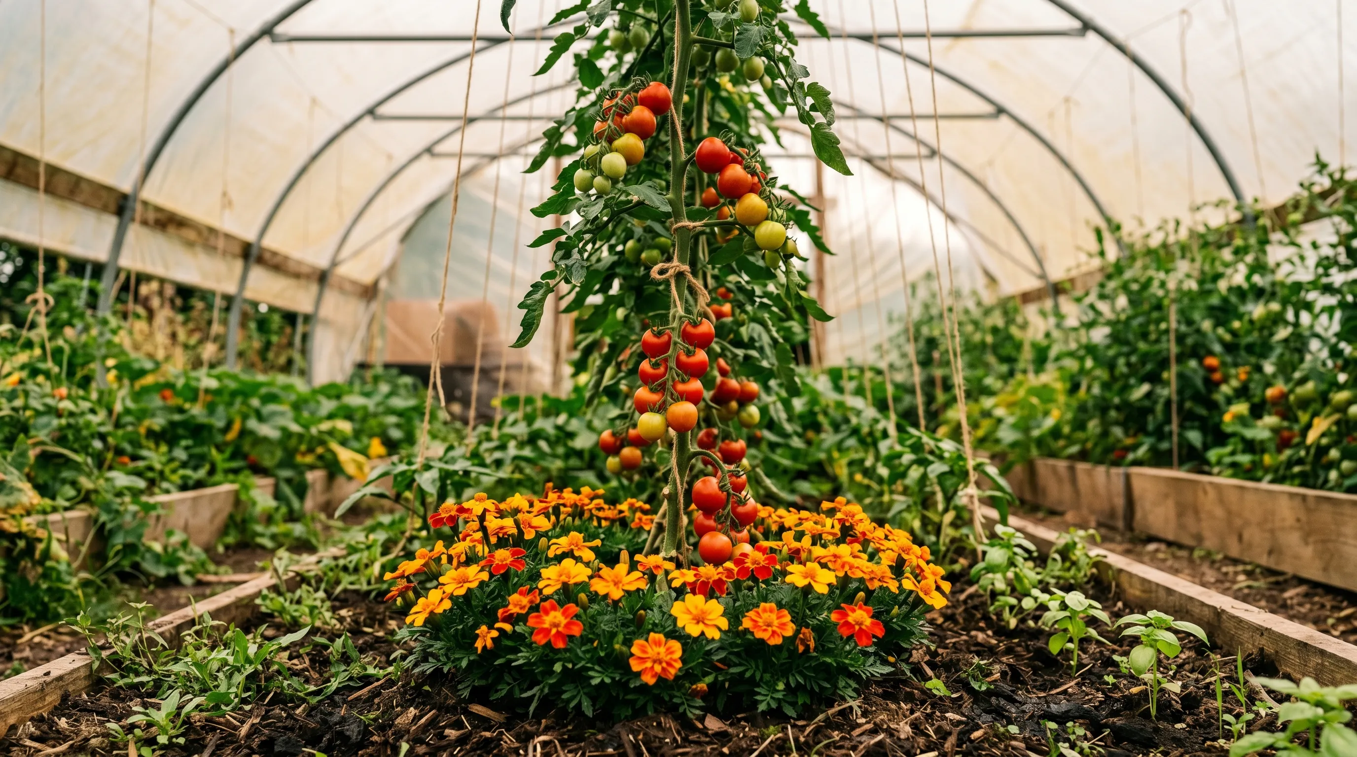 Tomato plant interplanted with French marigolds in a UK polytunnel