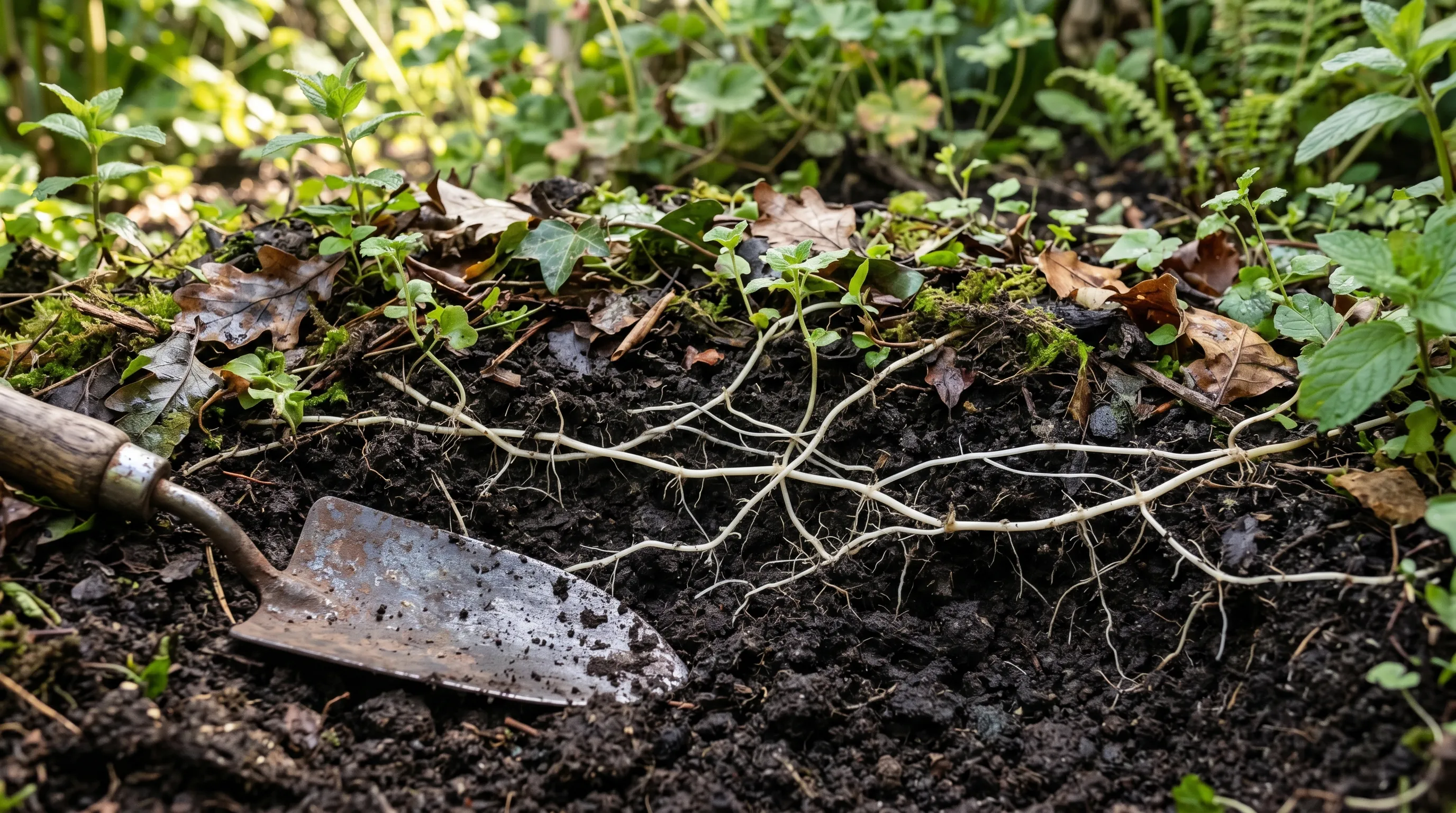 Mint runners spreading through soil showing aggressive root growth