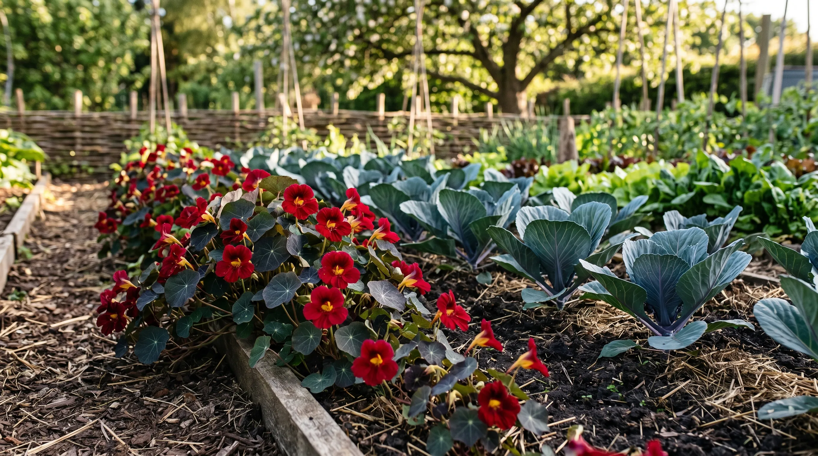 Dwarf nasturtium plants growing at edge of brassica bed acting as a trap crop
