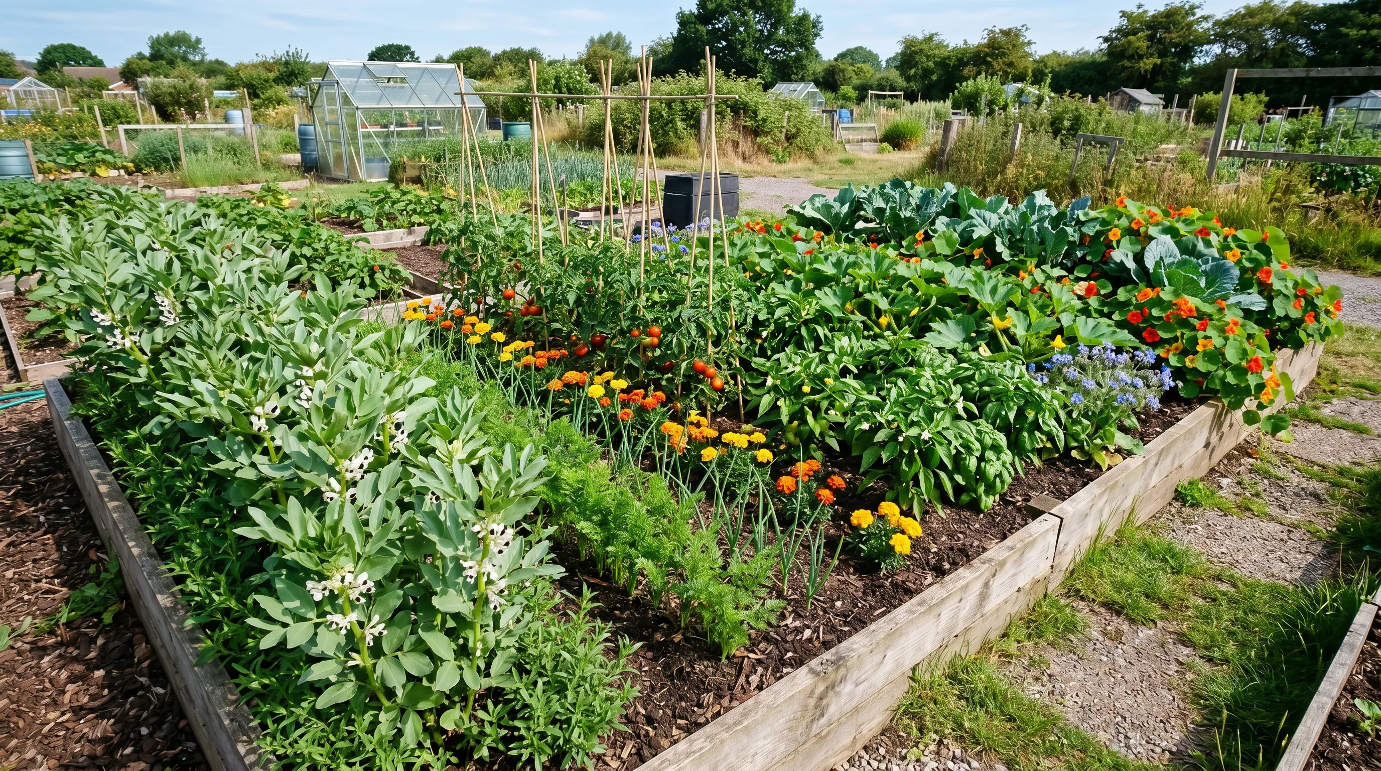 Vegetable bed laid out with rows of carrots onions tomatoes marigolds and brassicas with nasturtiums