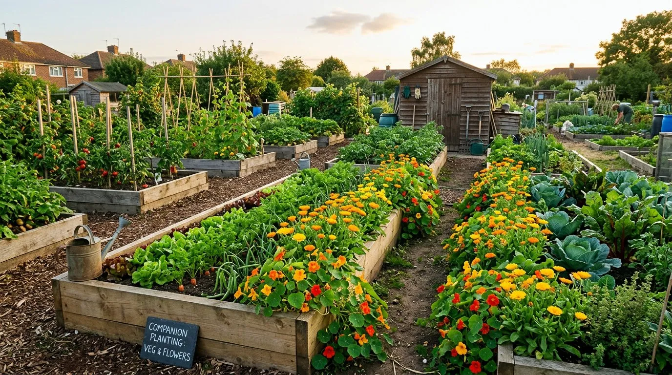 An allotment plot showing companion planting with flowers growing between vegetable rows