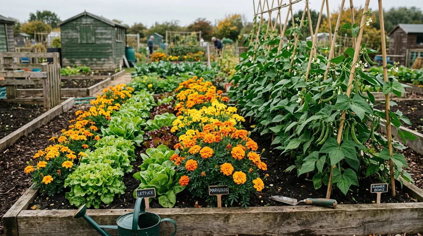 Raised bed with companion planting showing marigolds growing between rows of vegetables