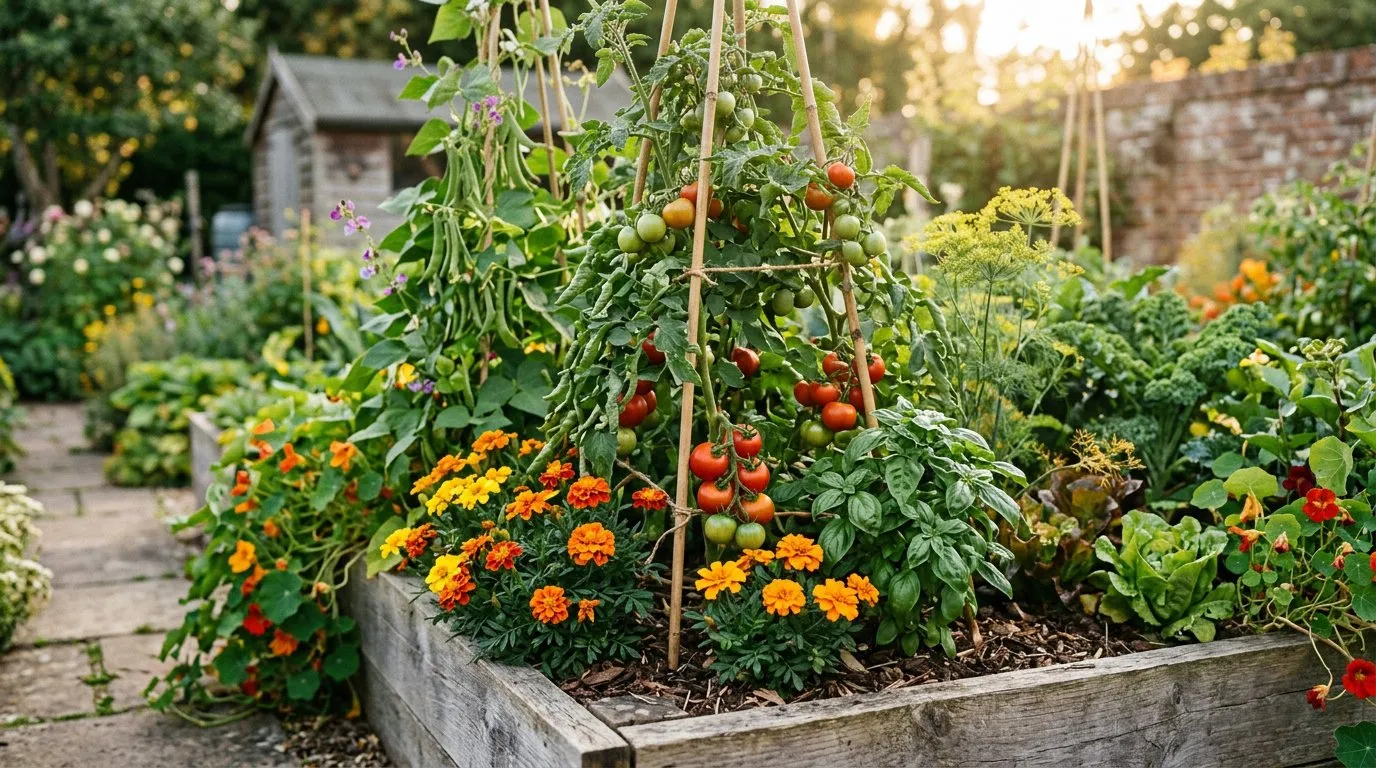 Companion planting in a UK raised bed with marigolds alongside tomatoes and herbs