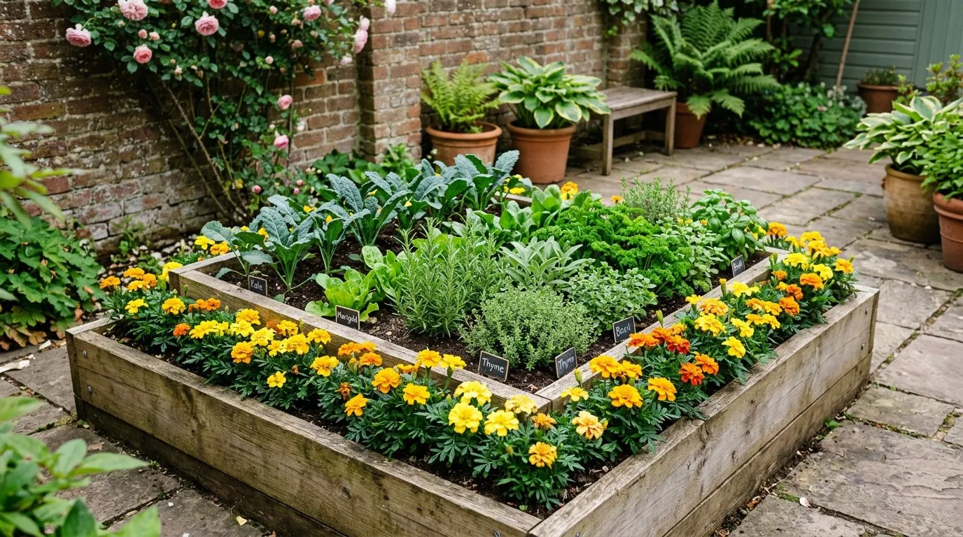 A small raised bed garden with companion planting of herbs, flowers, and vegetables