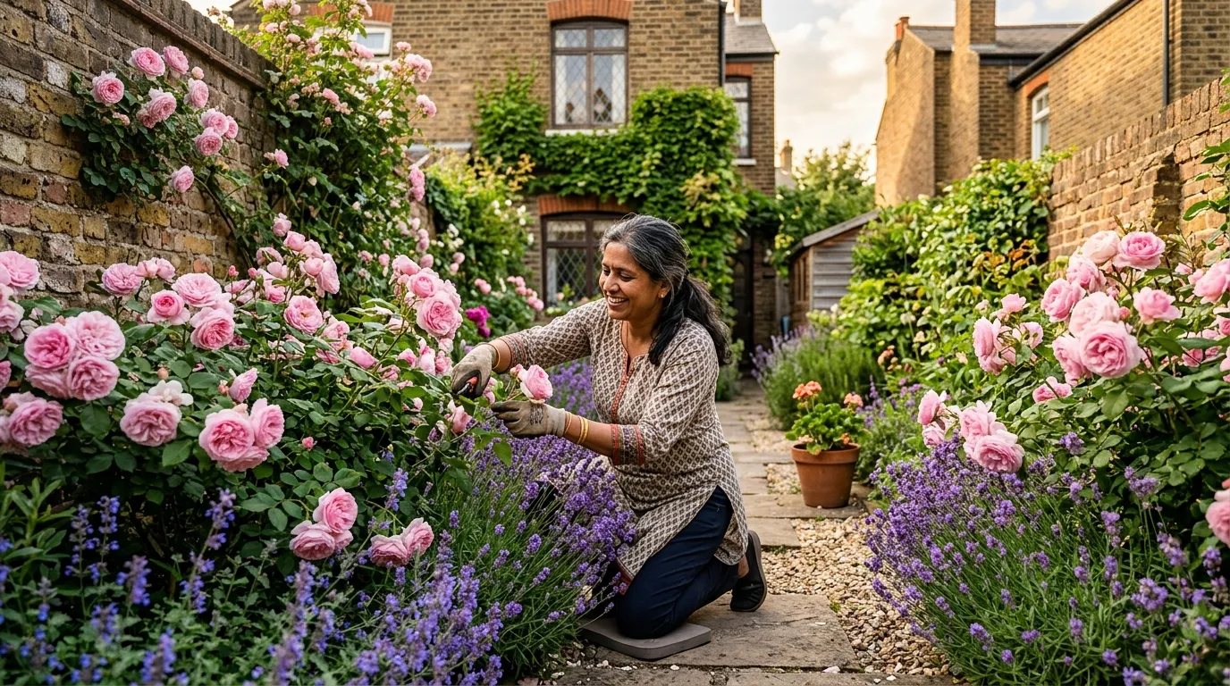 Best companion plants for roses UK showing pink roses with lavender and nepeta underplanting in an urban garden