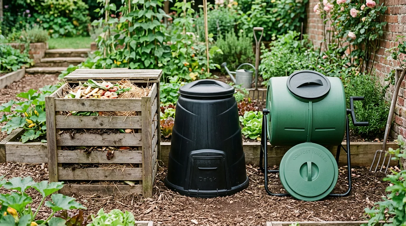 Three different types of compost bins side by side in a garden setting with wooden slatted, plastic dalek, and tumbler styles