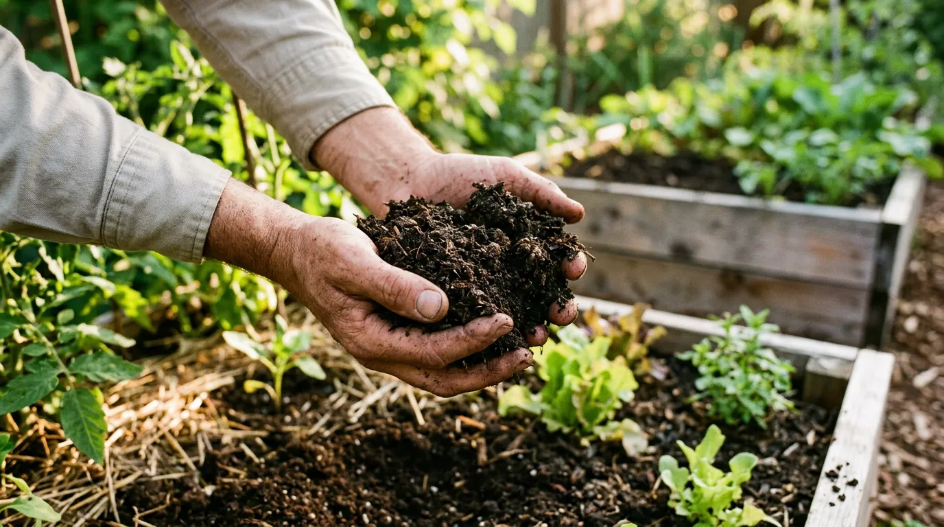 Dark, crumbly finished compost being held in two hands above a garden bed