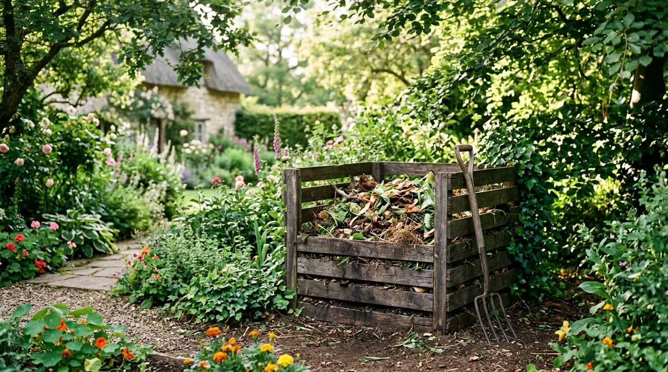 Wooden compost bin in a UK garden filled with layered garden waste in dappled afternoon light