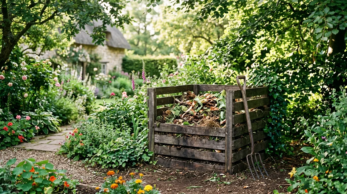 Wooden compost bin in a UK garden filled with layered garden waste in dappled afternoon light