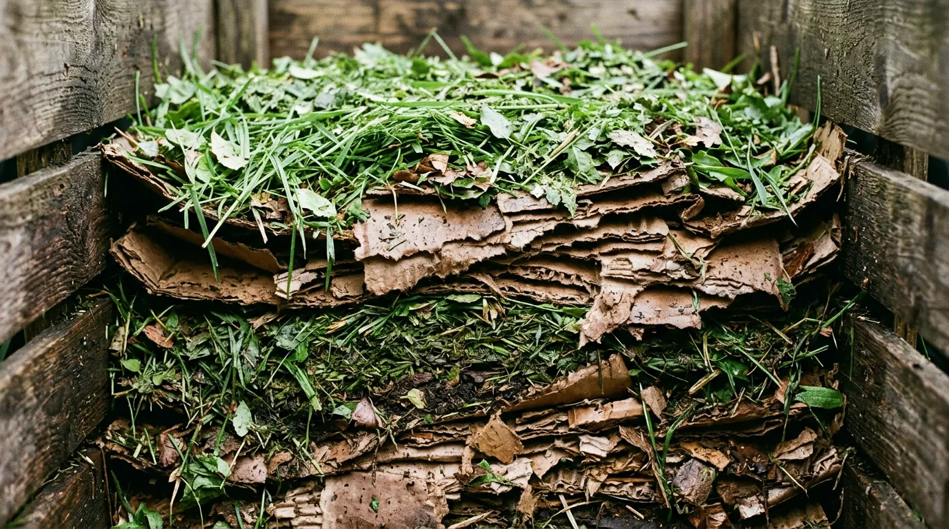 Close-up of layered compost materials showing alternating green grass clippings and brown cardboard in a bin