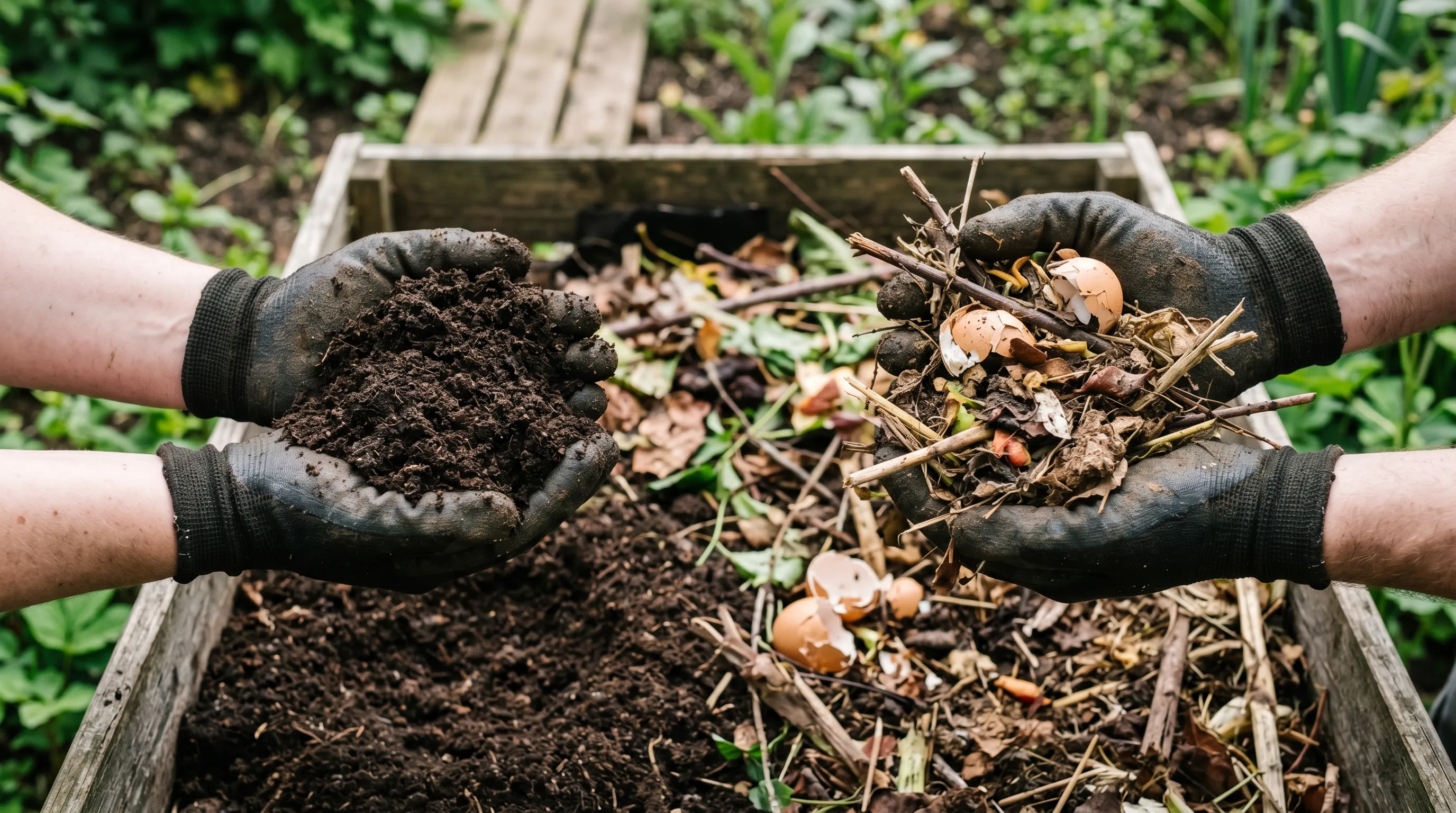 Gloved hands holding finished dark crumbly compost on the left and coarse unfinished material on the right above a compost bin