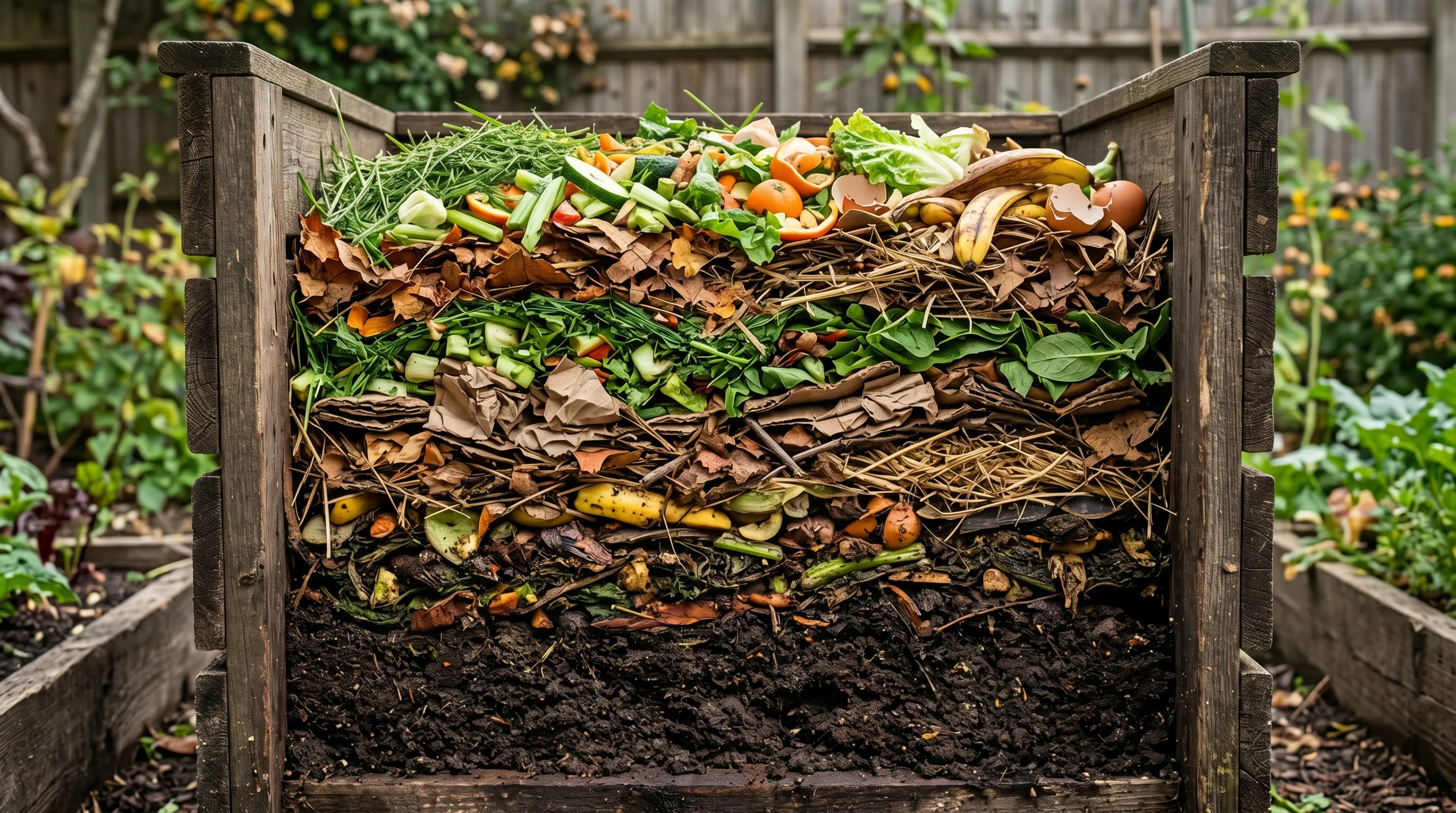 Cross-section of a compost bin showing alternating layers of green and brown material with finished dark compost at the base