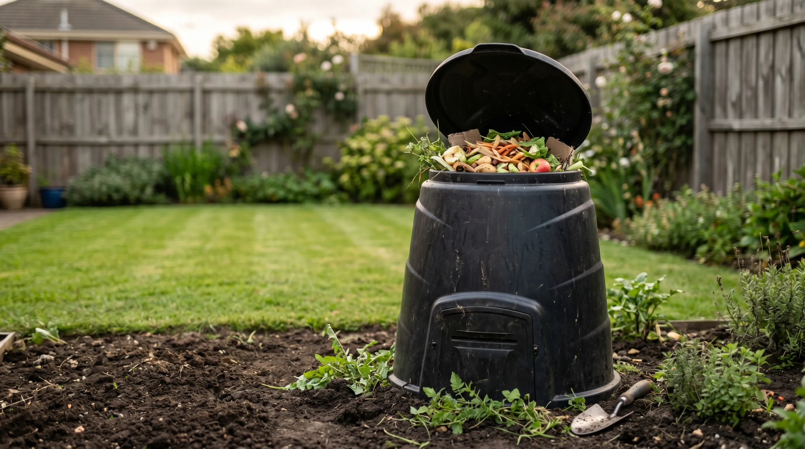 Black plastic Dalek compost bin on bare soil in a small suburban garden with the lid lifted to show waste inside