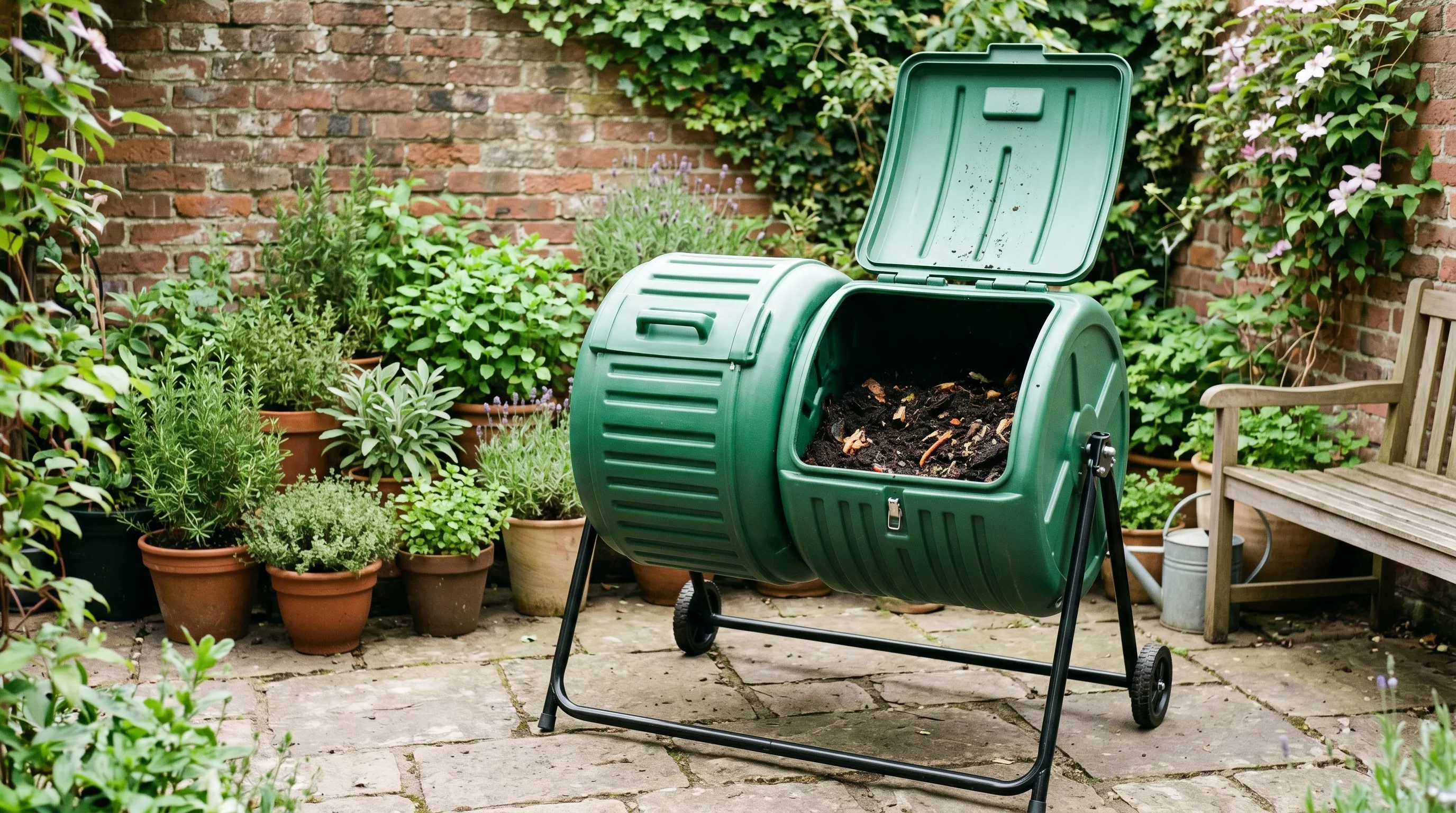 Green dual-chamber rolling compost tumbler on a metal stand in a small paved UK courtyard garden