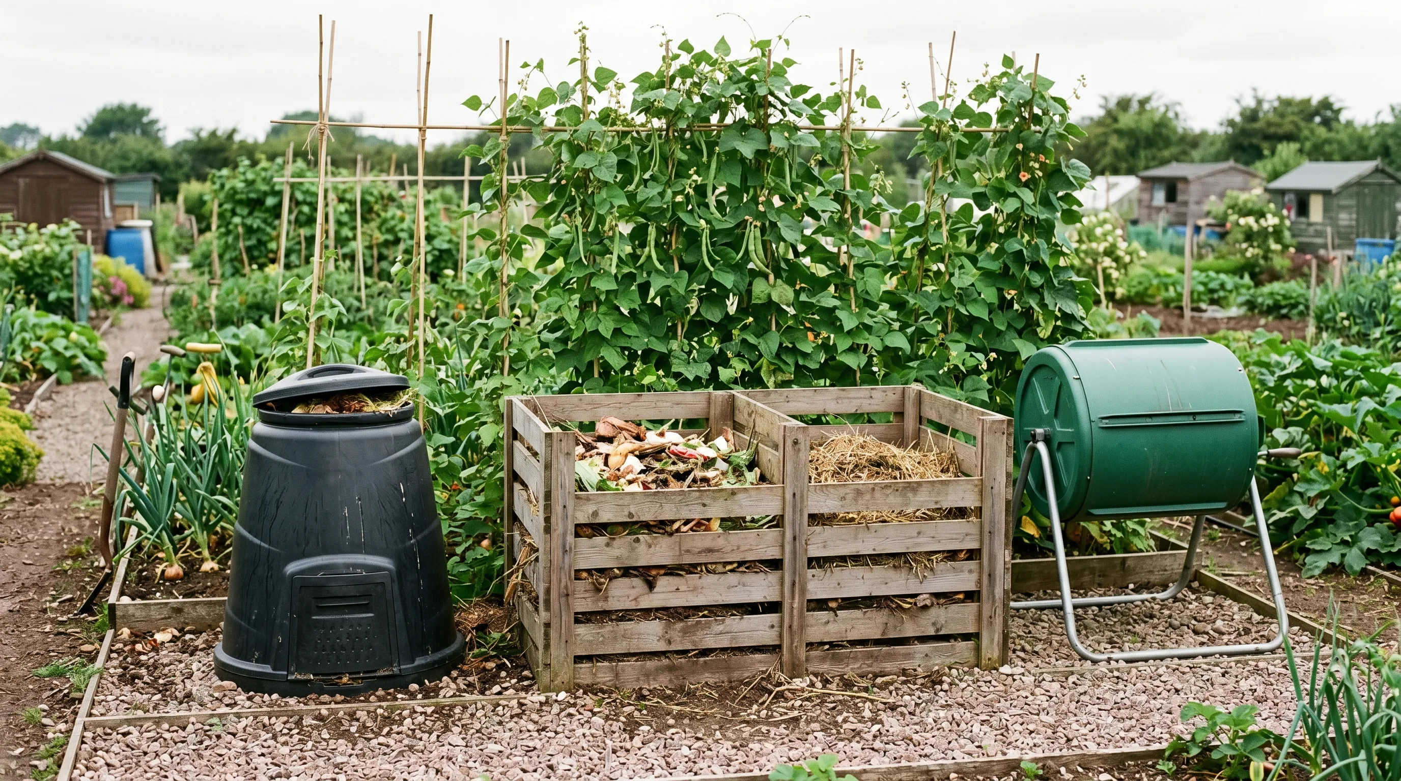 Plastic Dalek bin, wooden New Zealand box and rolling tumbler side by side in a UK allotment