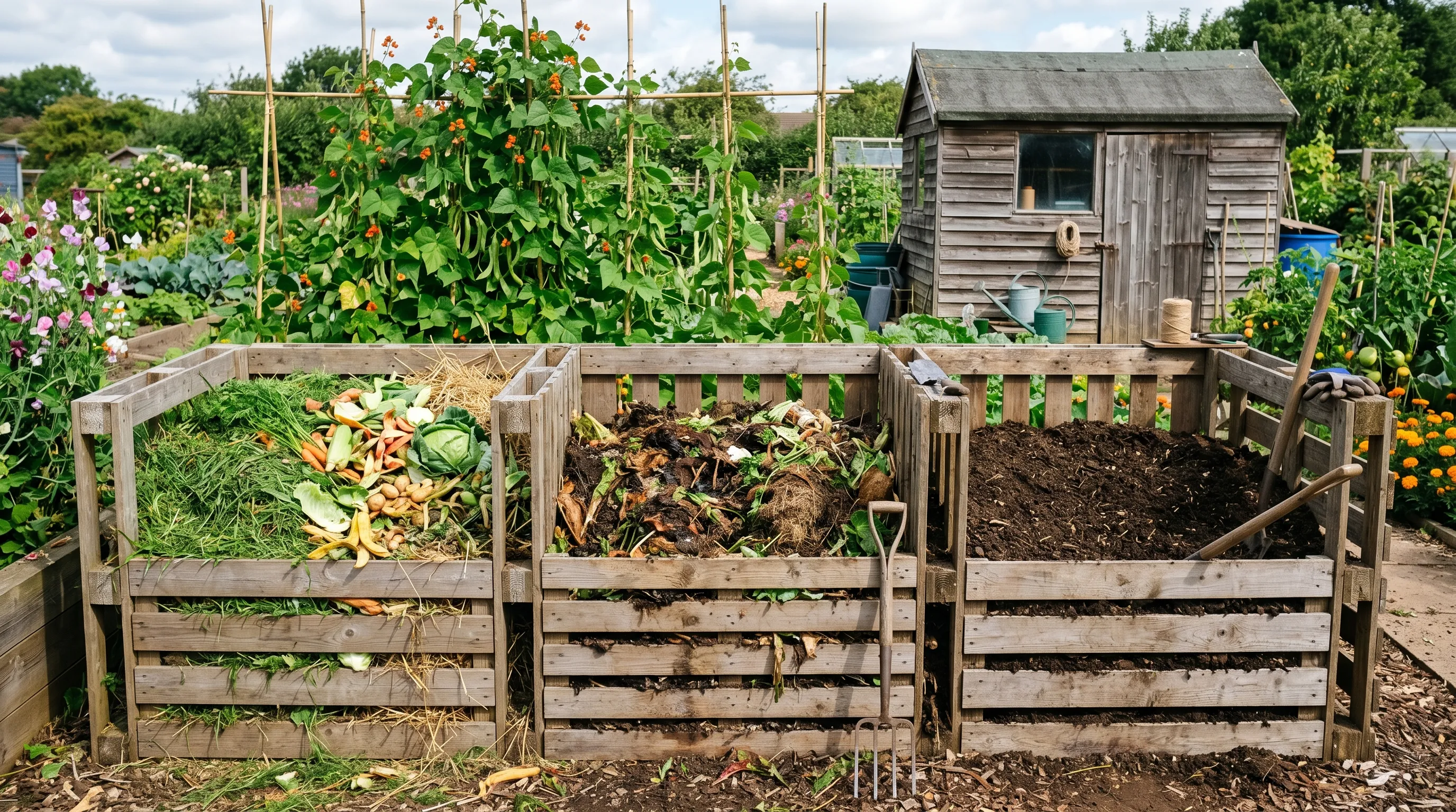 Wooden three-bay compost system in a UK allotment, left bay filled with fresh green waste, middle bay rotting, right bay finished dark compost
