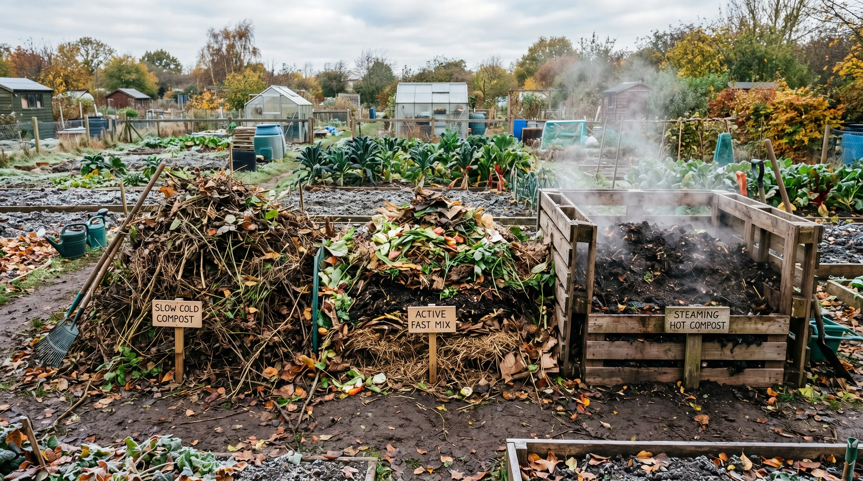 Three contrasting UK compost piles side by side in an allotment plot: cold pile, layered fast pile, and steaming hot pile contained by wooden pallet boards