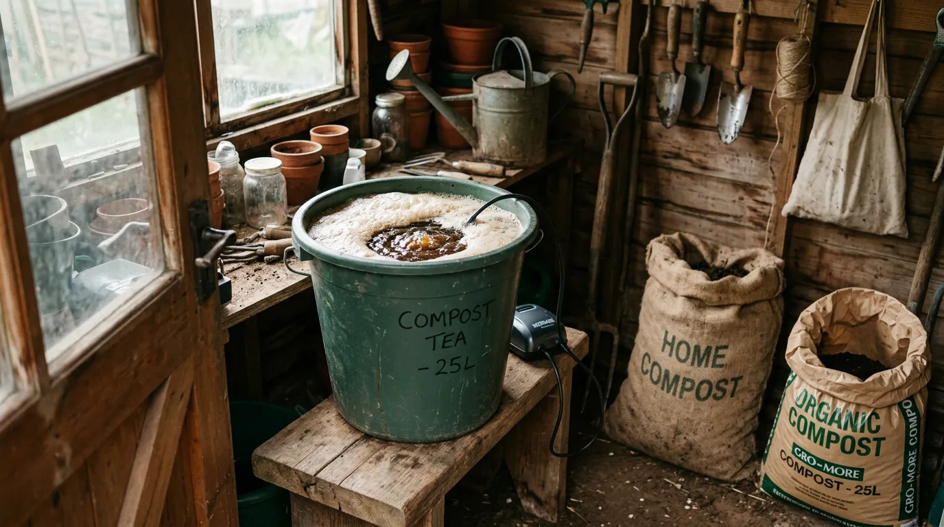 Compost tea brewing bucket with visible foam and airstone bubbling in a UK allotment shed