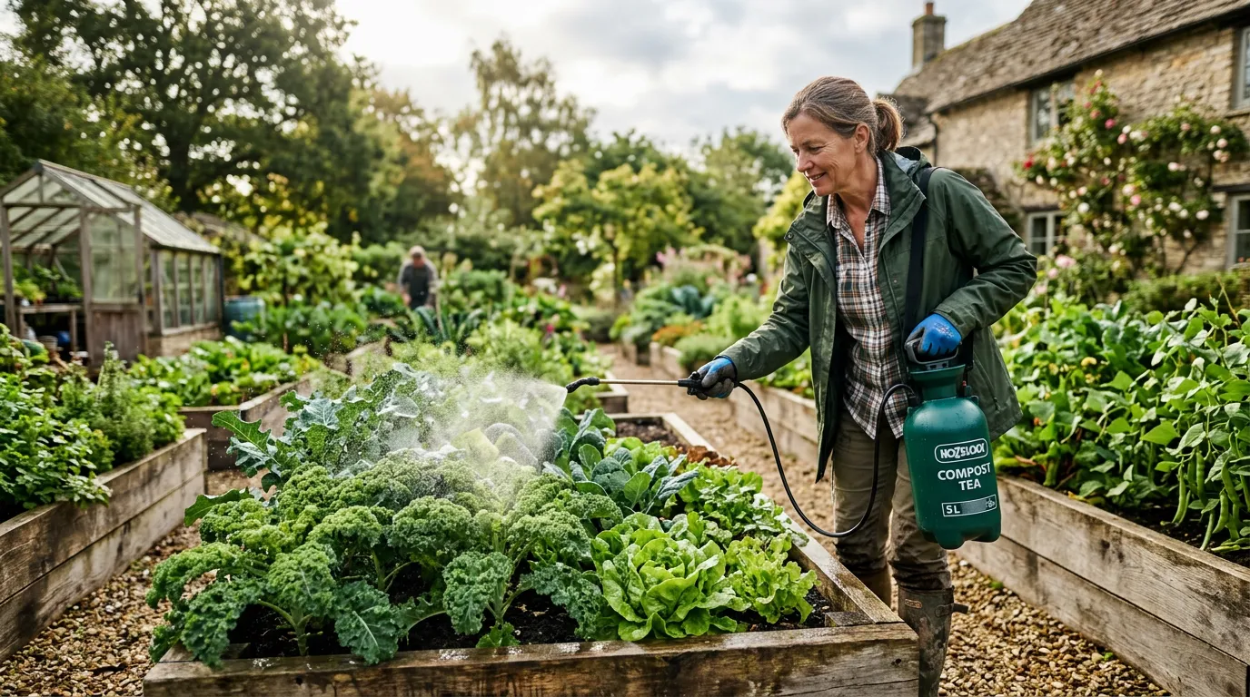 Compost tea being applied as a foliar spray to vegetable plants in a UK raised bed garden