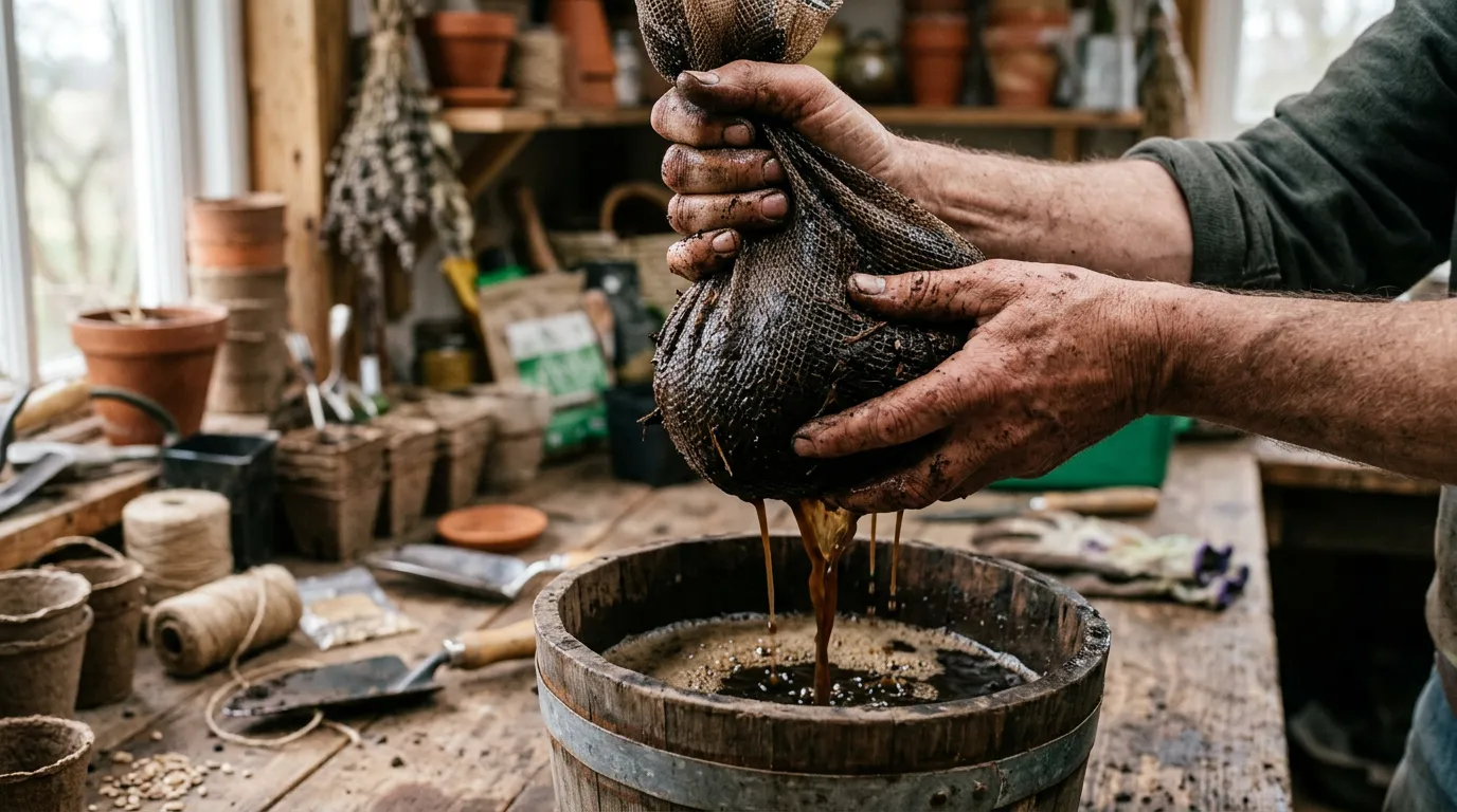 Hands squeezing a mesh bag of finished compost over a bucket of brewing compost tea