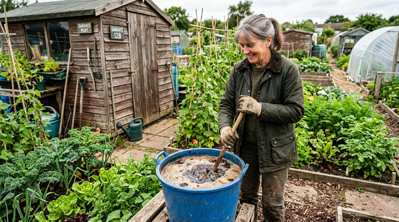 Compost tea brewing in a bucket with an aquarium pump aerating the liquid in a UK garden