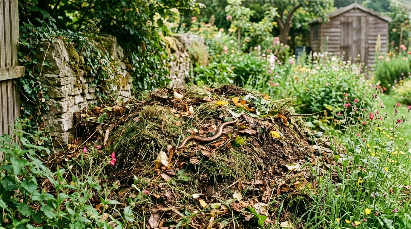 Composting for wildlife with an open heap providing habitat for slow worms in a UK garden