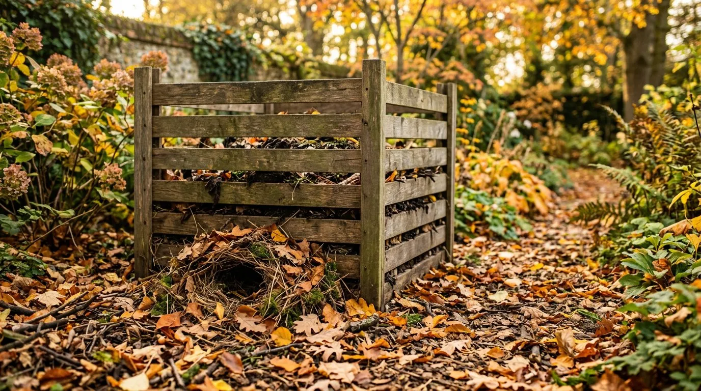 Composting for wildlife with a hedgehog nesting at the base of a wooden compost bin