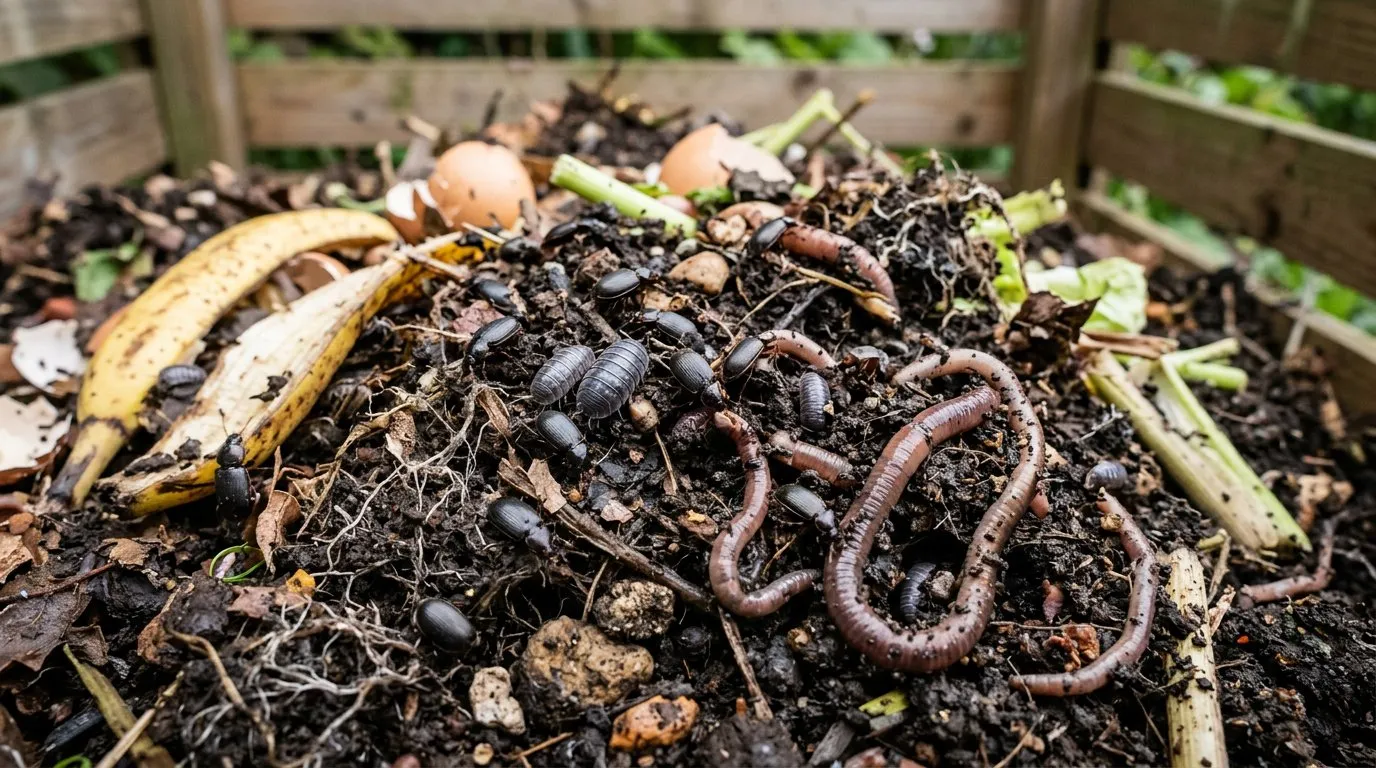 Composting for wildlife close-up showing beetles, woodlice, and earthworms in active compost