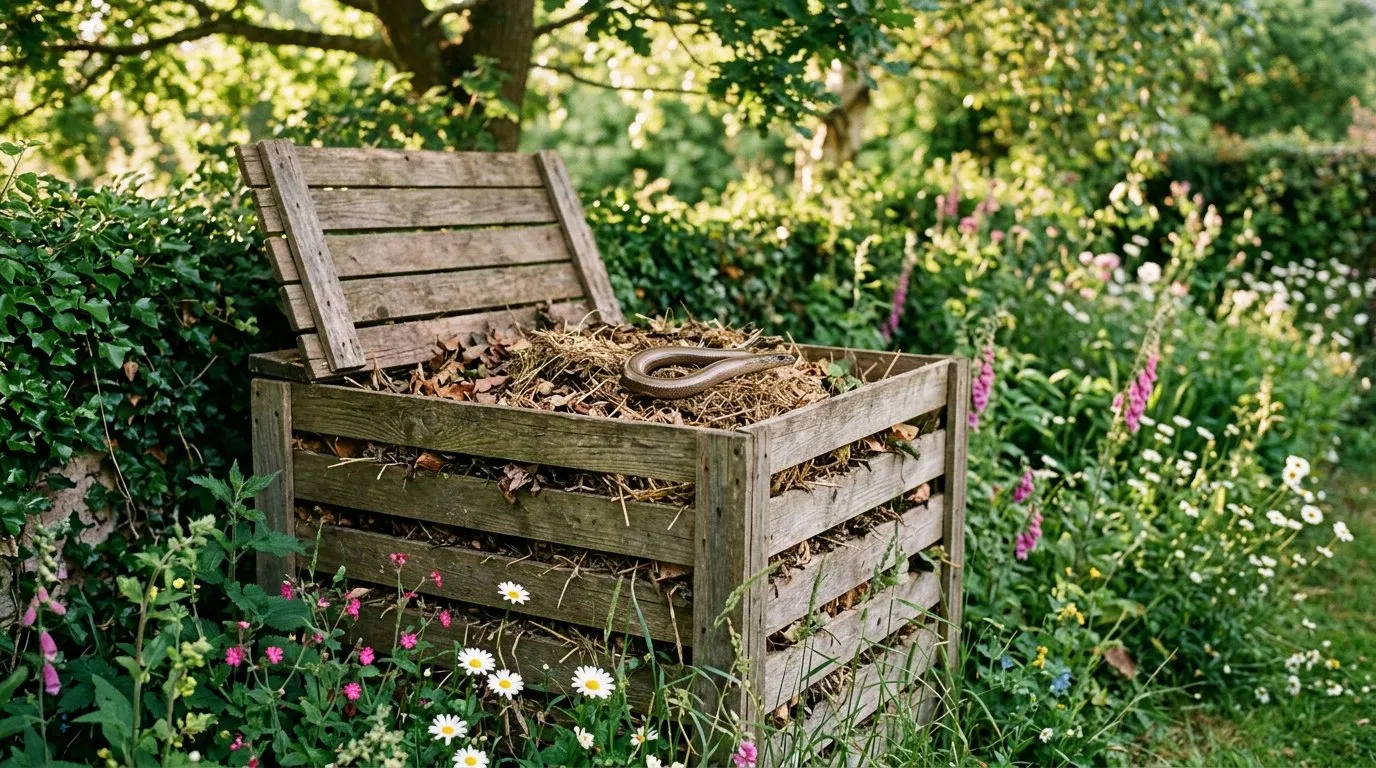 Wooden open-bottomed compost bin in a UK garden surrounded by leaf litter and overgrown vegetation