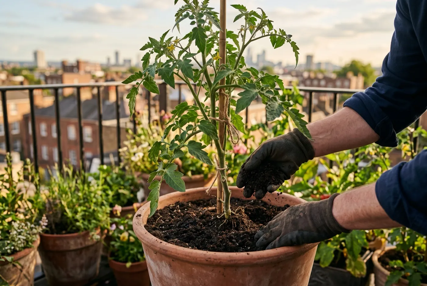 Gloved hands top-dressing a balcony container of tomatoes with dark worm casts