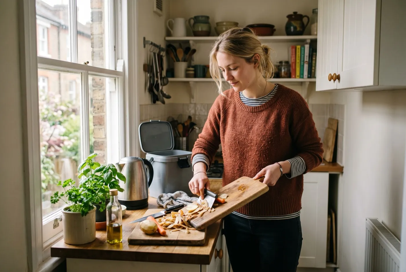 A young renter scraping vegetable peelings into a countertop bokashi bin in a small UK kitchen