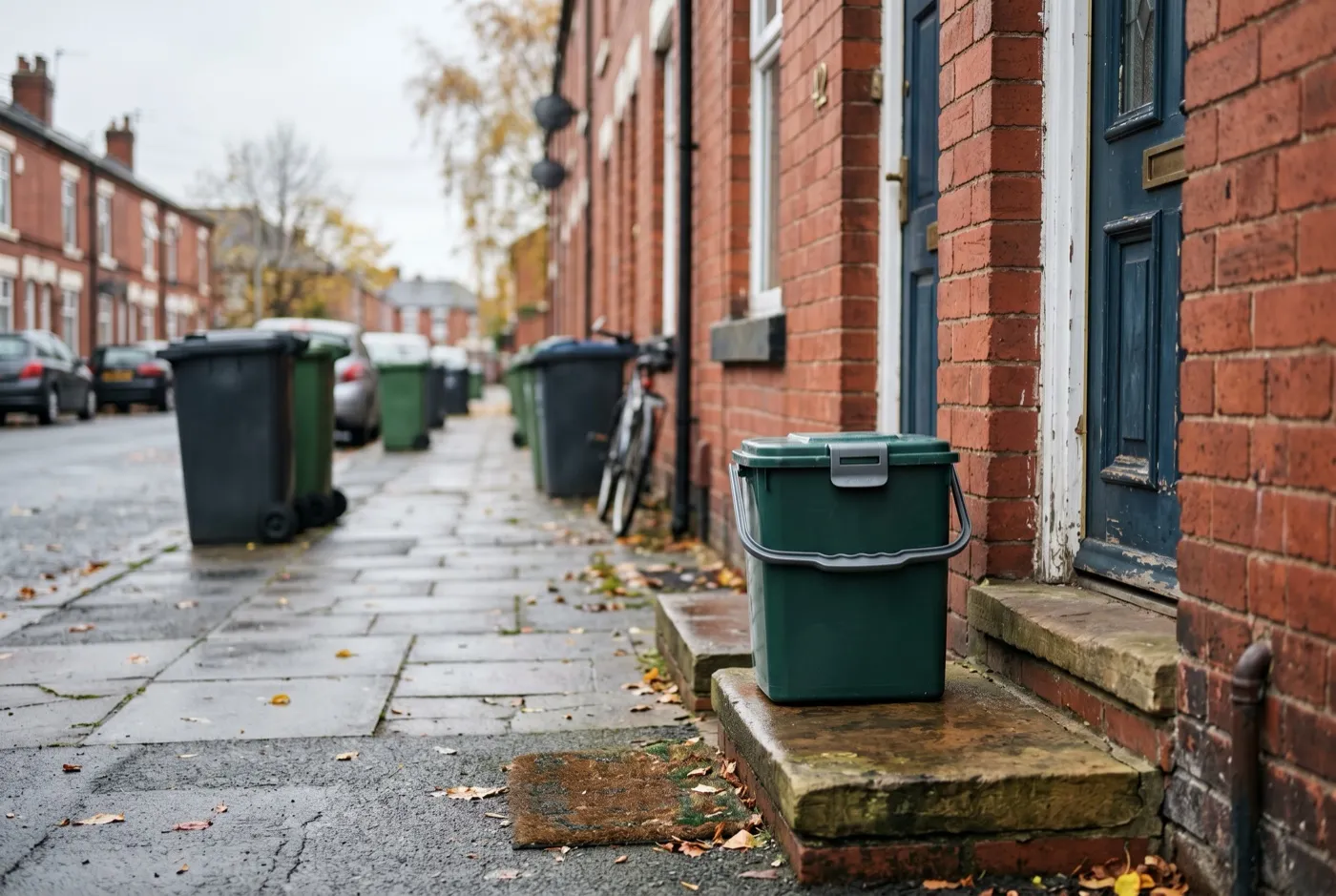 Plain green council food waste caddy waiting on the doorstep of a UK terraced house