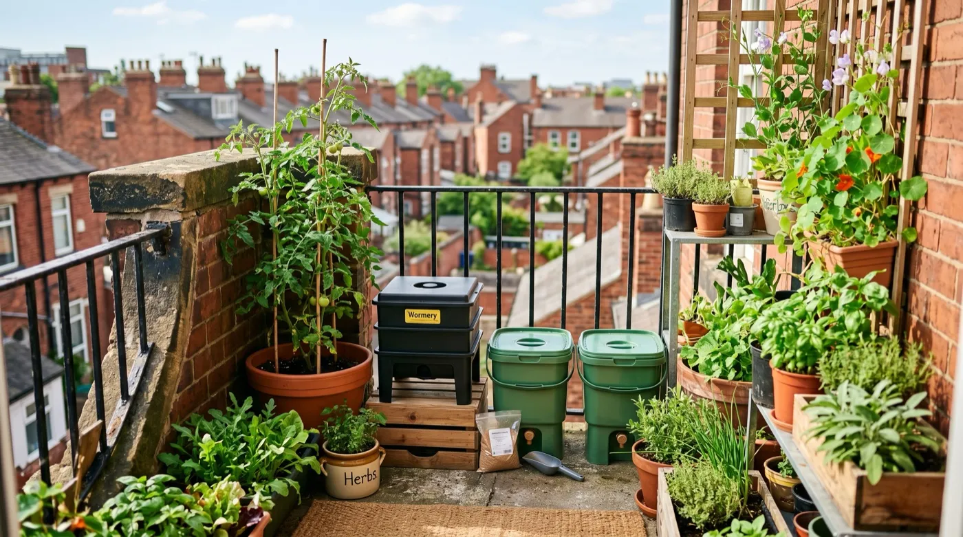 Compact composting setup without a garden: wormery and bokashi bins beside planted containers on a UK flat balcony