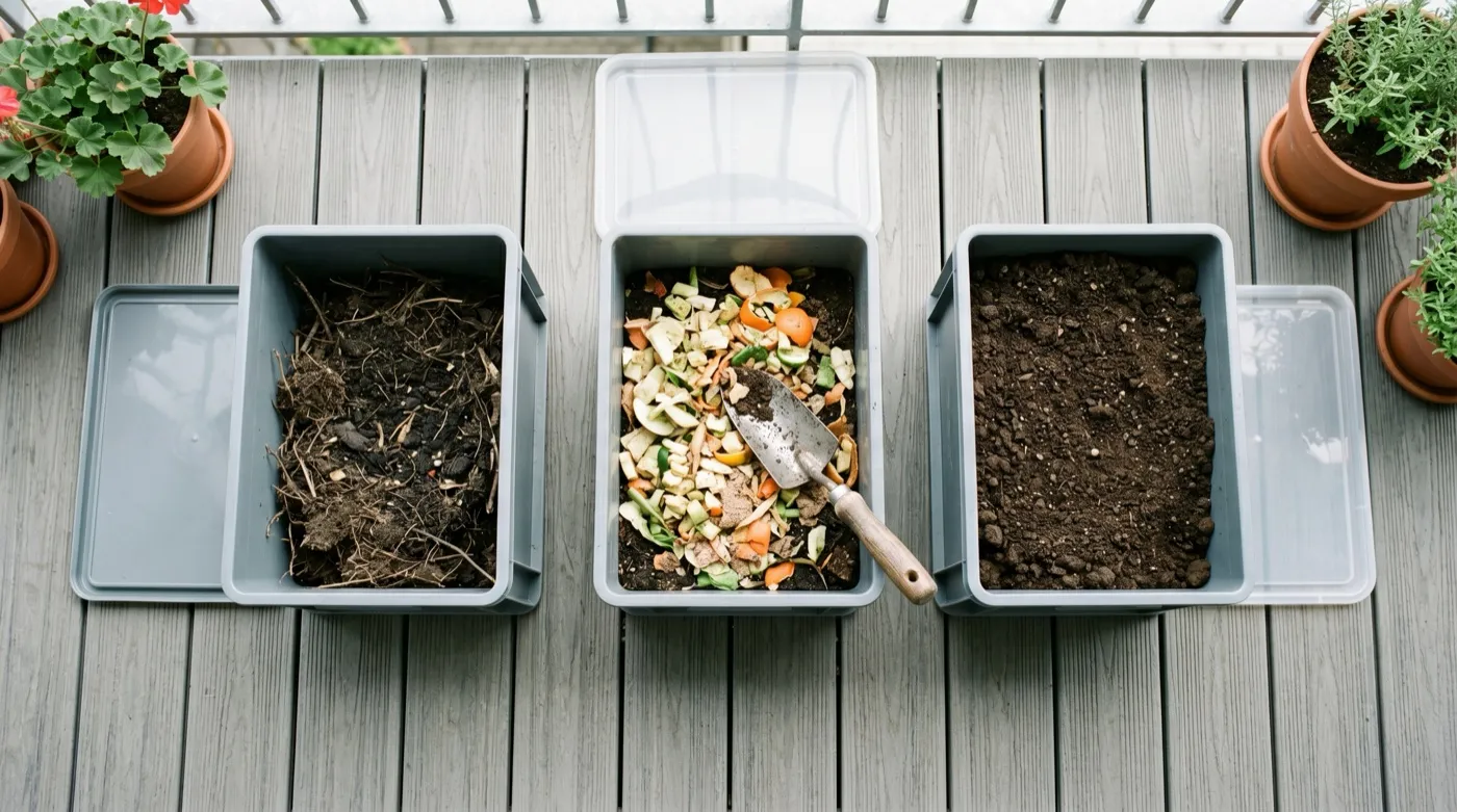 Overhead three-step sequence of a soil factory: tub of old compost, fermented bokashi layered in, finished crumbly mix